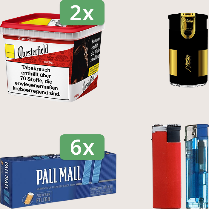 Chesterfield Original Red 2 x 245 g Sparpaket mit 1.200 Pall Mall Blue Xtra Hülsen und Feuerzeugset