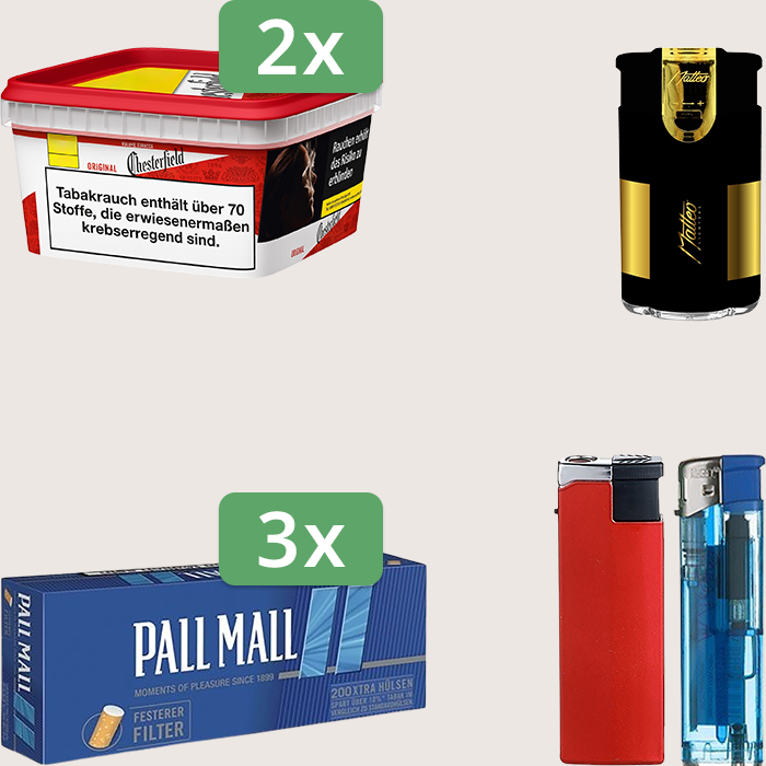 Chesterfield Original Red 2 x 144 g Sparpaket mit 600 Pall Mall Blue Xtra Hülsen und Feuerzeugset