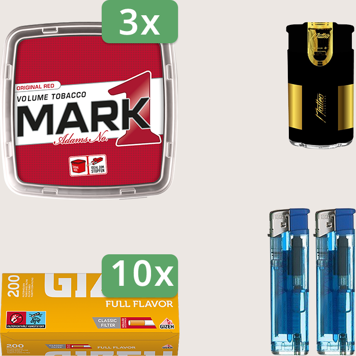 Mark 1 Original Red 3 x 400 g Sparpaket mit 2.000 Gizeh Full Flavor Hülsen und Feuerzeugset
