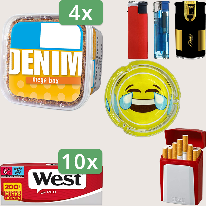 Denim Classic 4 x 210 g Sparpaket mit 2.000 West Red Hülsen, Aschenbecher und Gizeh Flip Case