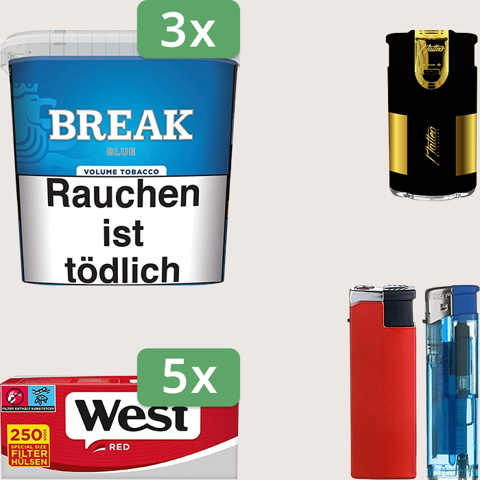 Break Blue 3 x 185 g Sparpaket mit 1.250 West Red Special Size Hülsen und Feuerzeugset