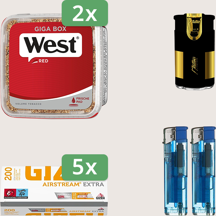 West Red 2 x 265 g Sparpaket mit 1.000 Gizeh Airstream Extra Hülsen und Feuerzeugset