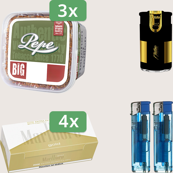 Pepe Rich Green 3 x 170 g Sparpaket mit 1.000 Marlboro Gold Extra Hülsen und Feuerzeugset