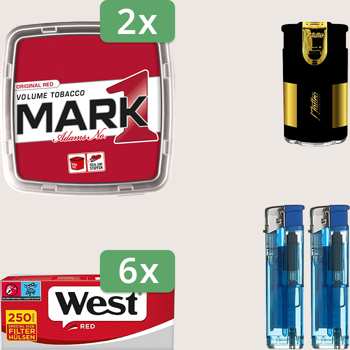 Mark 1 Original Red 2 x 400 g Sparpaket mit 1.500 West Red Special Hülsen und Feuerzeugset