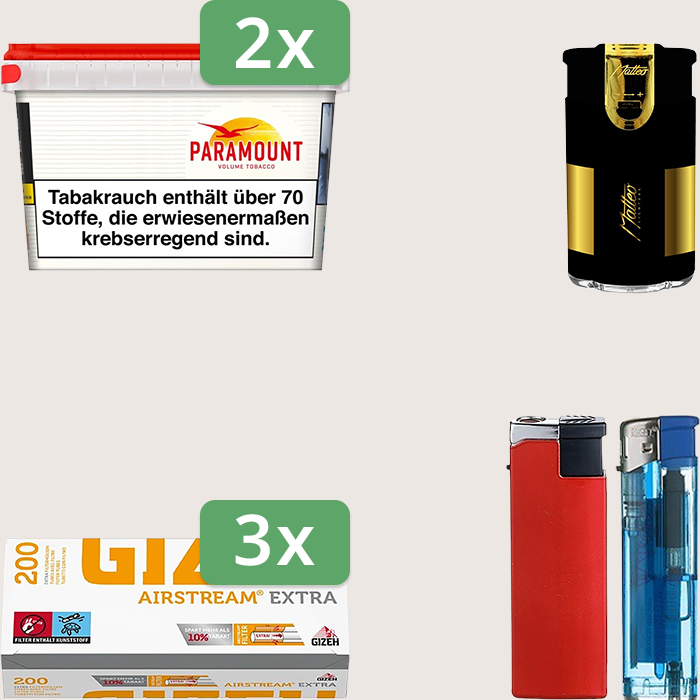 Paramount 2 x 125 g Sparpaket mit 600 Gizeh Airstream Extra Hülsen und Feuerzeugset