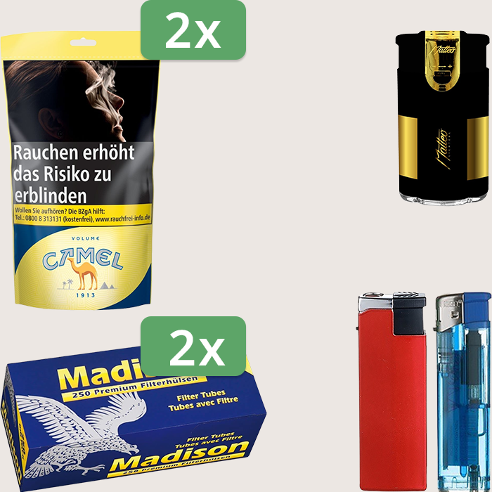 Camel Yellow 2 x 102 g Sparpaket mit 500 Madison Hülsen und Feuerzeugset