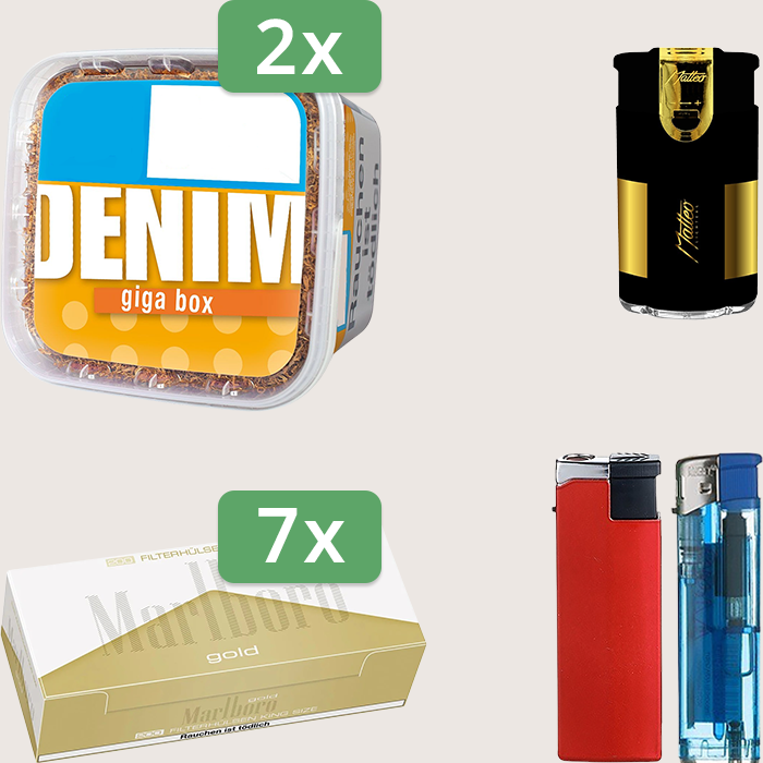 Denim Classic 2 x 330 g Sparpaket mit 1.400 Marlboro Gold Hülsen und Feuerzeugset