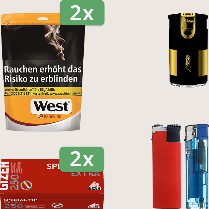 West Yellow 2 x 93 g Sparpaket mit 500 Gizeh Special Tip Extra Hülsen und Feuerzeugset