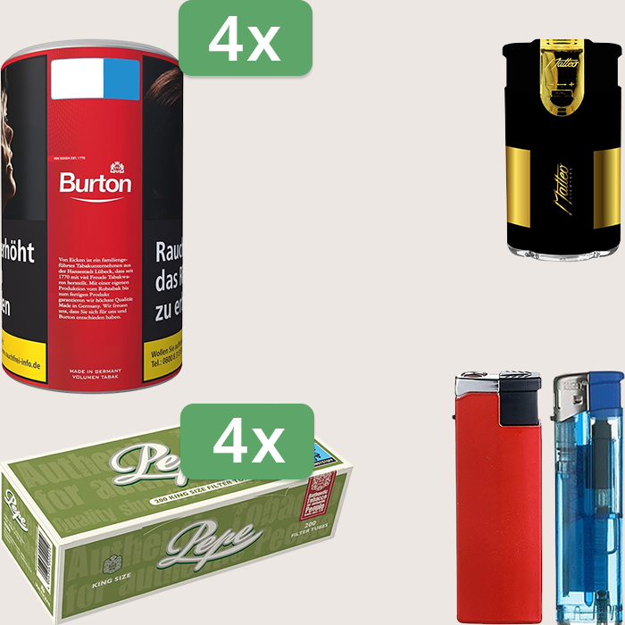Burton Full Red 4 x 90 g Sparpaket mit 800 Pepe Hülsen und Feuerzeugset