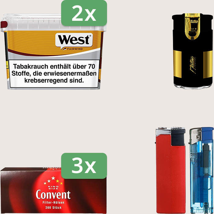 West Yellow 2 x 115 g Sparpaket mit 600 Convent Hülsen und Feuerzeugset