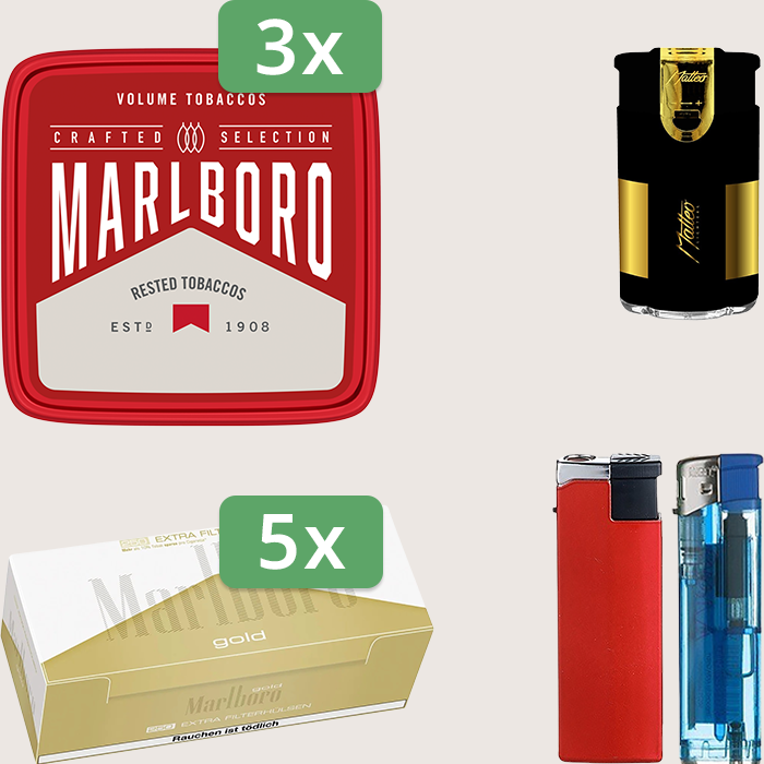 Marlboro Crafted 3 x 230 g Sparpaket mit 1.250 Marlboro Gold Extra Hülsen und Feuerzeugset Marlboro Crafted 3 x 230 g Sparpaket mit 1.250 Marlboro Gold Extra Hülsen und Feuerzeugset