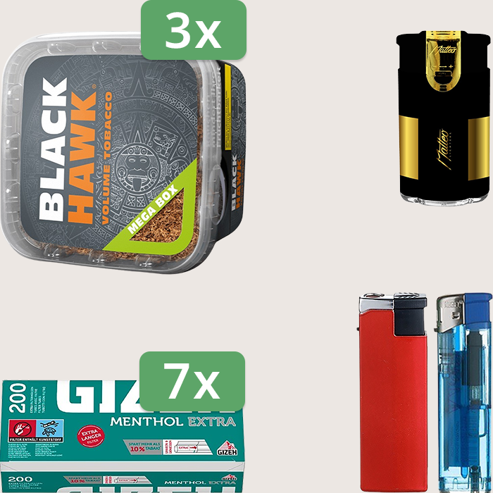 Black Hawk 3 x 230 g mit 1.400 Gizeh Menthol Extra Hülsen und Feuerzeugset