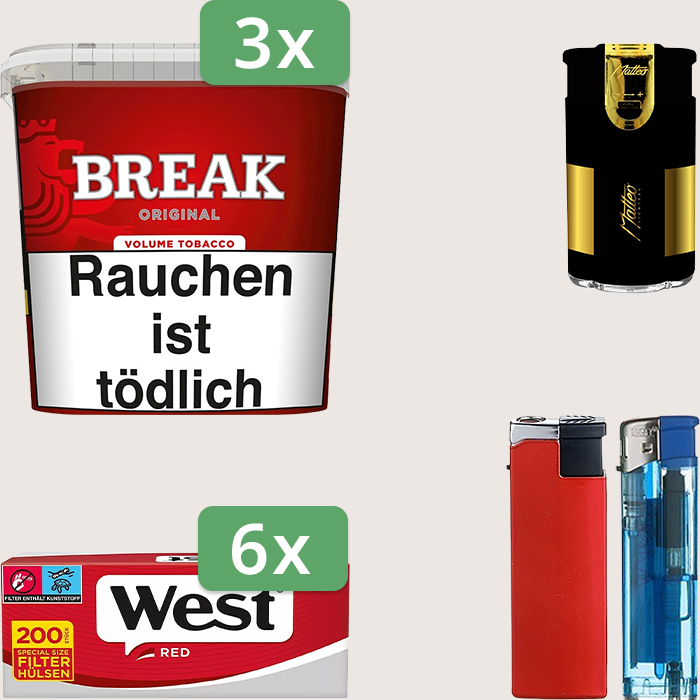 Break Original 3 x 185 g Sparpaket mit 1.200 West Red King Size Hülsen und Feuerzeugset
