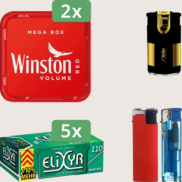 Winston Red 2 x 135 g Sparpaket mit 550 Energy+ Menthol Hülsen und Feuerzeugset