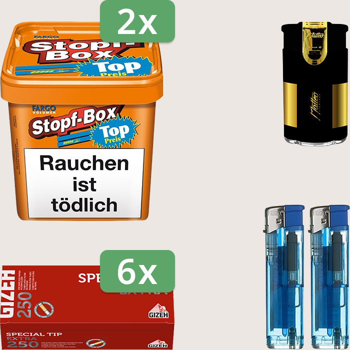 Fargo Stopfbox 2 x 400 g Sparpaket mit 1.500 Gizeh Special Tip Extra Hülsen und Feuerzeugset