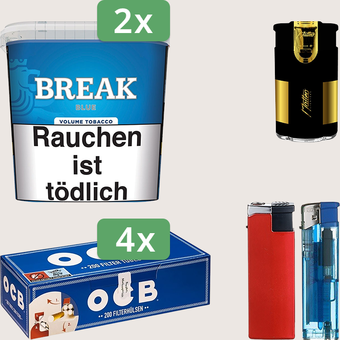 Break Blue 2 x 195 g Sparpaket mit 800 OCB Hülsen und Feuerzeugset