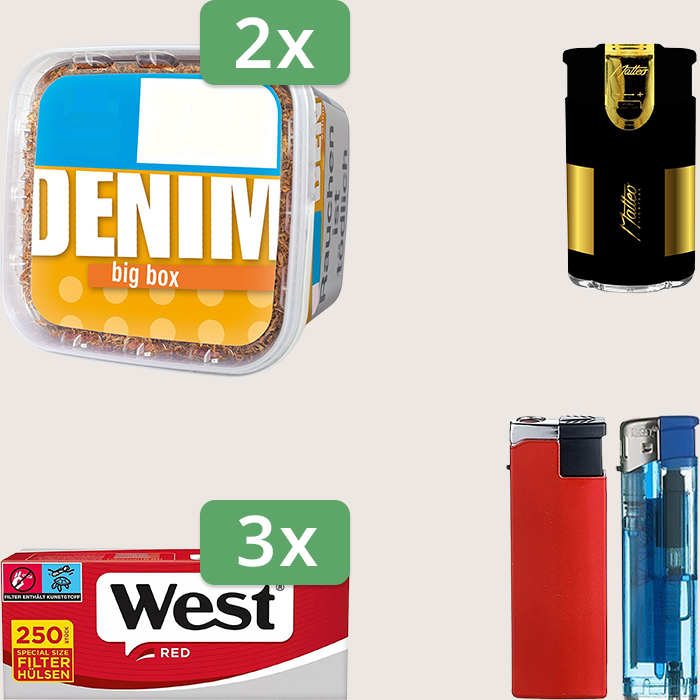 Denim Classic 2 x 160 g Sparpaket mit 750 West Red Special Hülsen und Feuerzeugset