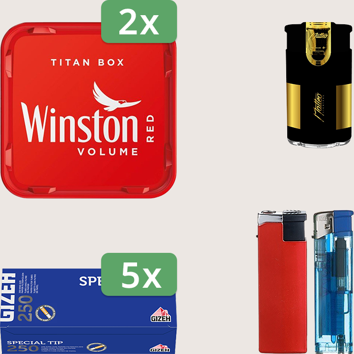 Winston Red 2 x 250 g Sparpaket mit 1.250 Gizeh Special Tip Hülsen und Feuerzeugset