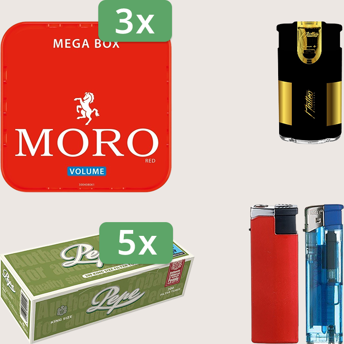 Moro Red 3 x 155 g g Sparpaket mit 1.000 Pepe Hülsen und Feuerzeugset