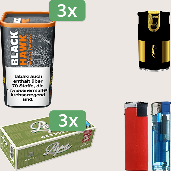 Black Hawk 3 x 90 g mit 600 Pepe Hülsen und Feuerzeugset