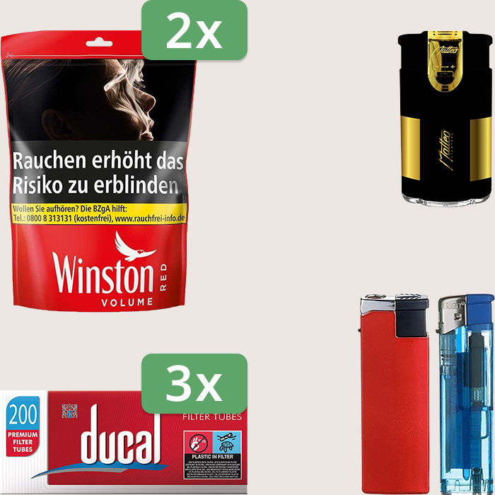 Winston Red 2 x 105 g Sparpaket mit 600 Ducal Hülsen und Feuerzeugset
