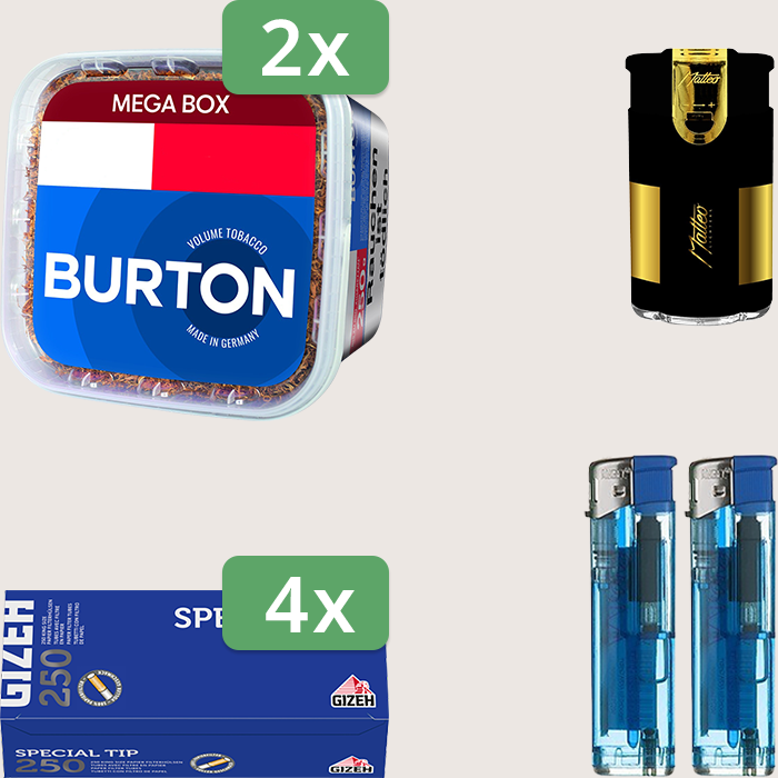 Burton Blue 2 x 250 g Sparpaket mit 1.000 Gizeh Special Tip Hülsen und Feuerzeugset