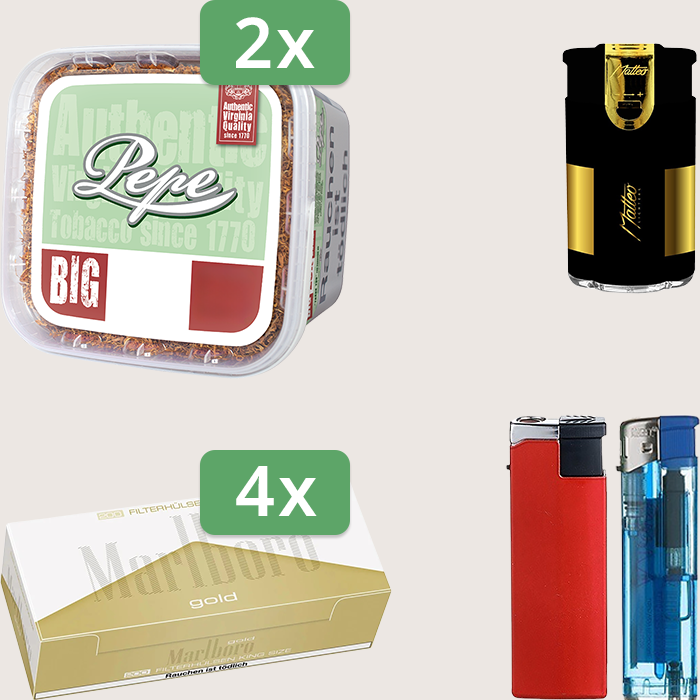 Pepe Bright Green 2 x 170 g Sparpaket mit 800 Marlboro Gold Hülsen und Feuerzeugset
