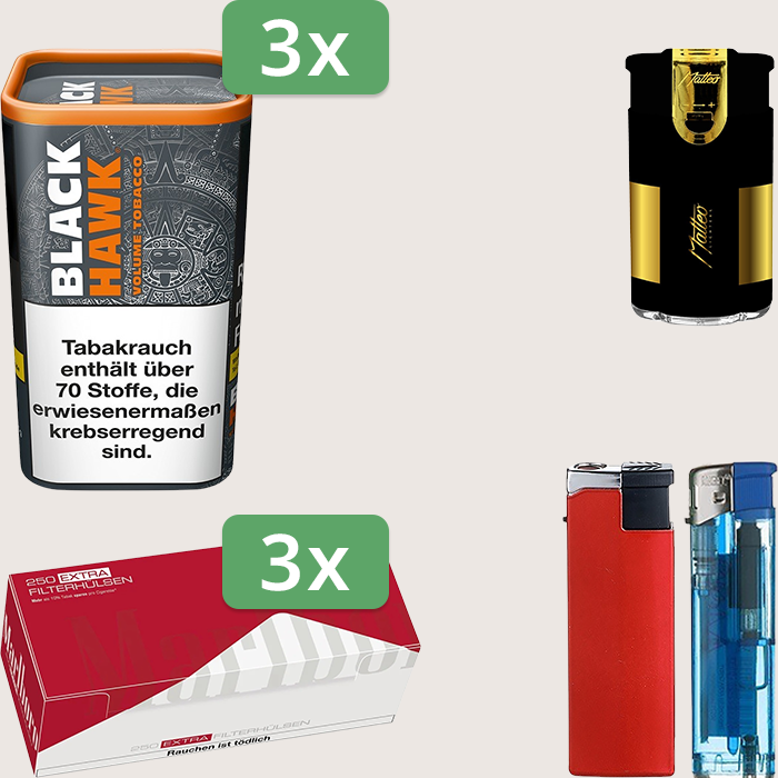 Black Hawk 3 x 90 g mit 750 Marlboro Red Extra Size Hülsen und Feuerzeugset