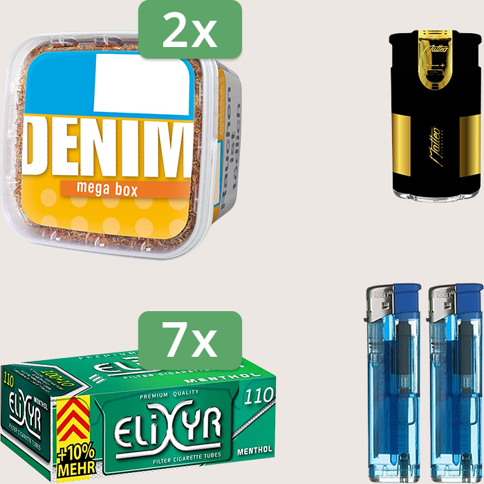 Denim Classic 2 x 210 g Sparpaket mit 770 Elixyr Energy+ Menthol Hülsen und Feuerzeugset