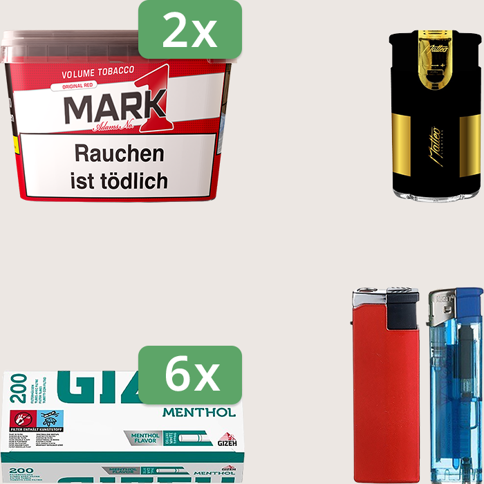 Mark 1 - 2 x 255 g Sparpaket mit 1.200 Gizeh Menthol Hülsen und Feuerzeugset