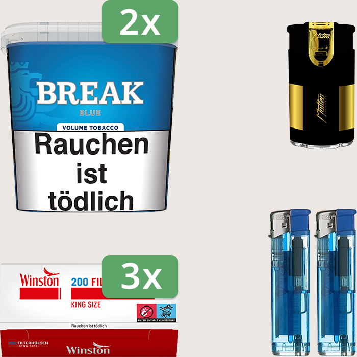 Break Blue 2 x 185 g Sparpaket mit 600 Winston Hülsen und Feuerzeugset