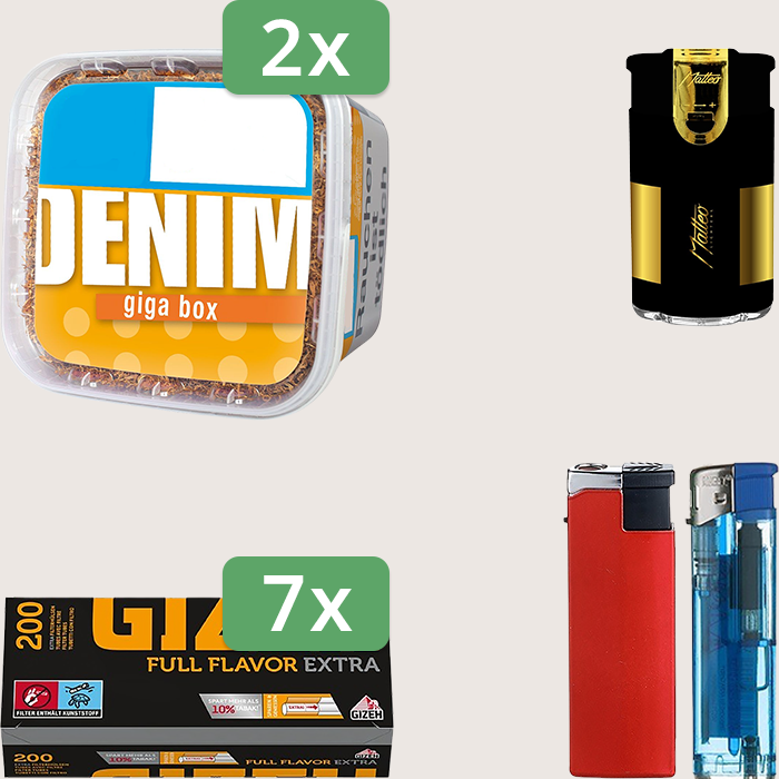 Denim Classic 2 x 330 g Sparpaket mit 1.400 Gizeh Full Flavor Hülsen und Feuerzeugset