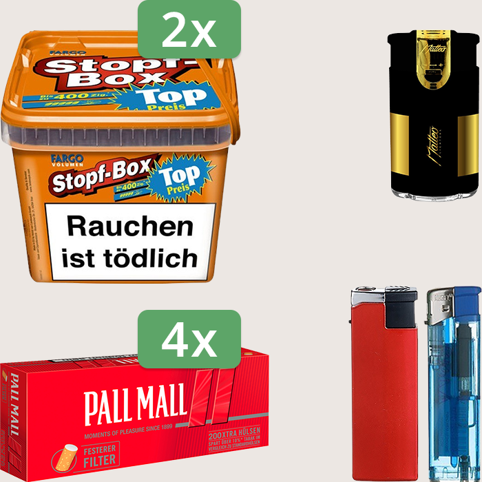 Fargo Stopfbox 2 x 155 g Sparpaket mit 800 Pall Mall Red Xtra Hülsen und Feuerzeugset