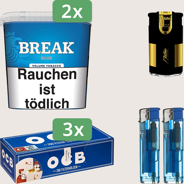 Break Blue 2 x 185 g Sparpaket mit 600 OCB Hülsen und Feuerzeugset