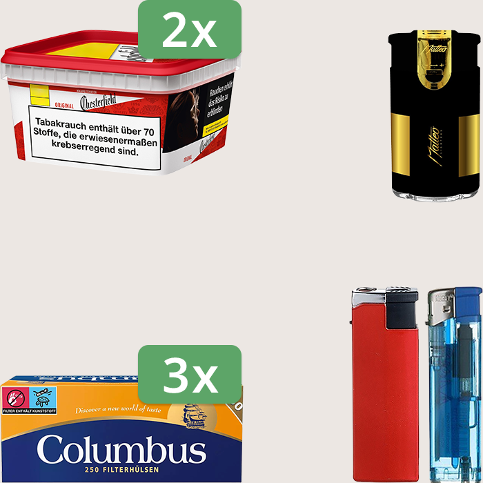 Chesterfield Original Red 2 x 144 g Sparpaket mit 750 Columbus Hülsen und Feuerzeugset