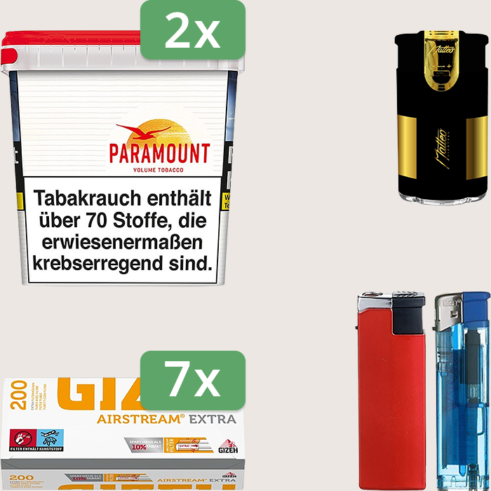 Paramount 2 x 315 g Sparpaket mit 1.400 Gizeh Airstream Extra Hülsen und Feuerzeugset