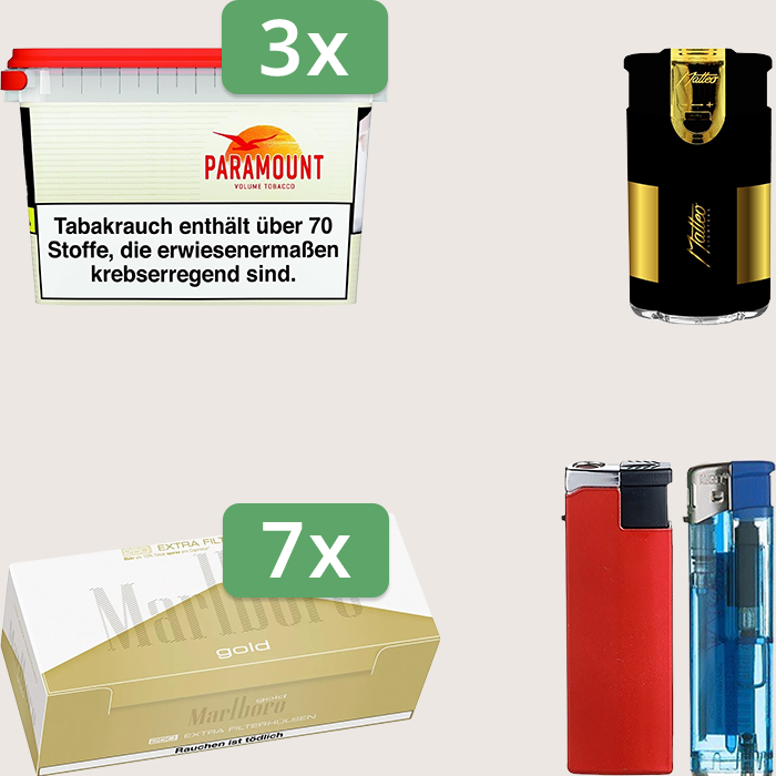 Paramount 3 x 230 g Sparpaket mit 1.750 Marlboro Gold Extra Hülsen und Feuerzeugset