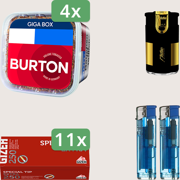 Burton Full Red 4 x 400 g Sparpaket mit 2.750 Gizeh Special Tip Extra Hülsen und Feuerzeugset