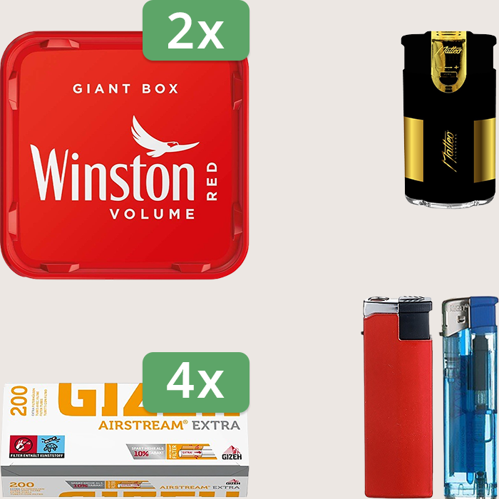 Winston Red 2 x 195 g Sparpaket mit 800 Gizeh Airstream Extra Hülsen und Feuerzeugset