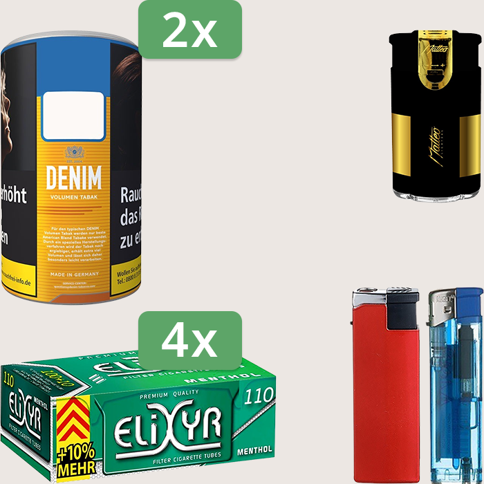 Denim Classic 2 x 90 g mit 440 Elixyr Energy+ Menthol Hülsen und Feuerzeugset
