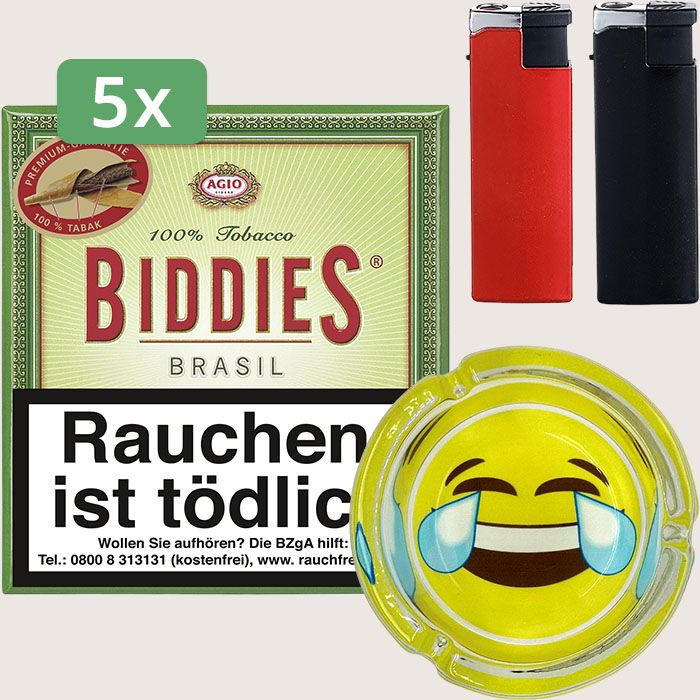 Agio Biddies Brasil 5 x 10,47 € Sparpaket mit 100 Zigarillos, Aschenbecher und Feuerzeugset