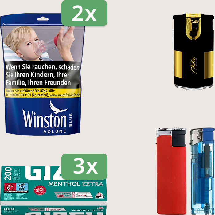 Winston Blue 2 x 105 g Sparpaket mit 600 Gizeh Menthol Extra Hülsen und Feuerzeugset
