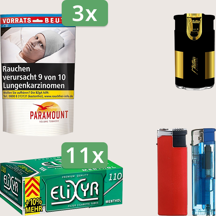 Paramount 3 x 185 g mit 1.210 Energy+ Menthol Hülsen und Feuerzeugset