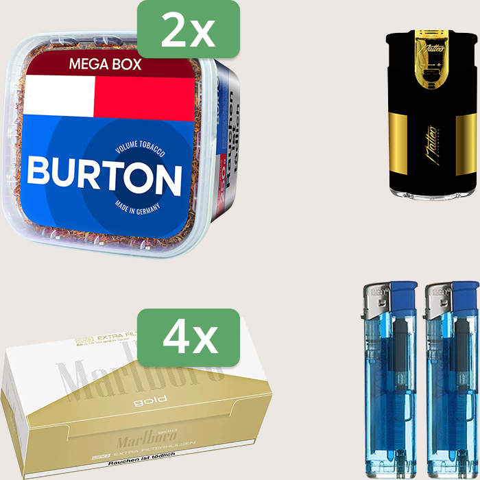 Burton Blue 2 x 250 g Sparpaket mit 1.000 Marlboro Gold Extra Hülsen und Feuerzeugset Burton Blue 2 x 250 g Sparpaket mit 1.000 Marlboro Gold Extra Hülsen und Feuerzeugset