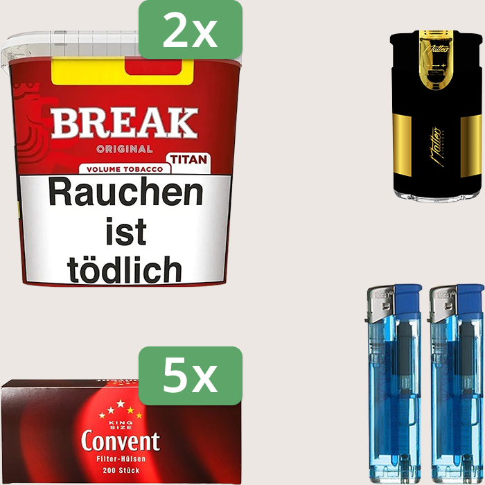 Break Original 2 x 300 g Sparpaket mit 1.000 Convent Hülsen und Feuerzeugset Break Original 2 x 300 g Sparpaket mit 1.000 Convent Hülsen und Feuerzeugset