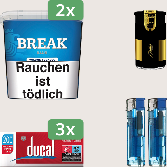 Break Blue 2 x 185 g Sparpaket mit 600 Ducal Hülsen und Feuerzeugset