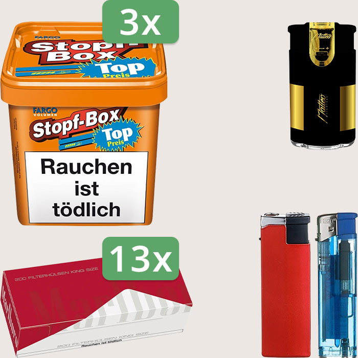 Fargo Stopfbox 3 x 400 g Sparpaket mit 2.600 Marlboro Red Hülsen und Feuerzeugset Fargo Stopfbox 3 x 400 g Sparpaket mit 2.600 Marlboro Red Hülsen und Feuerzeugset