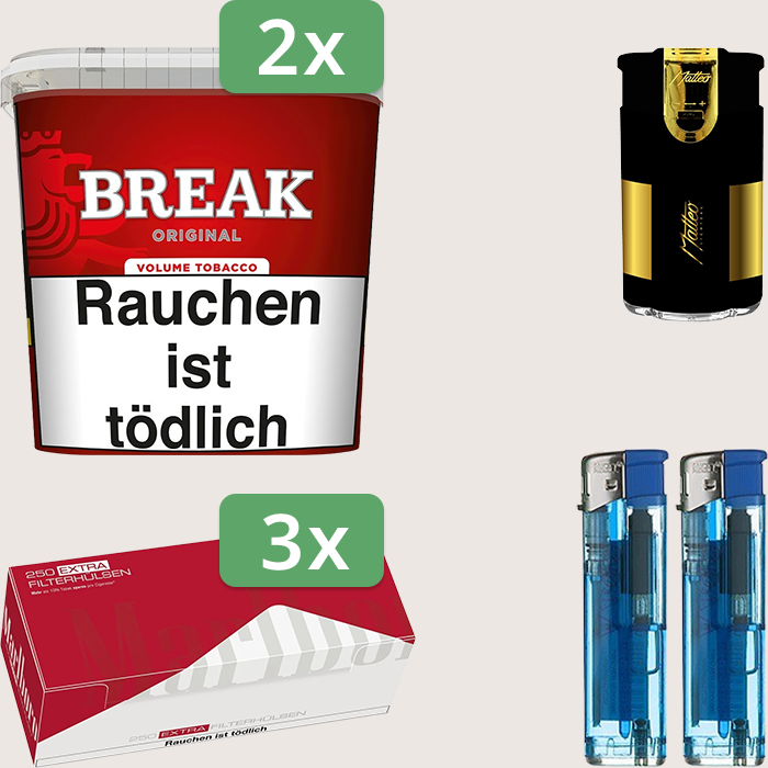 Break Original 2 x 185 g Sparpaket mit 750 Marlboro Red Extra Hülsen und Feuerzeugset Break Original 2 x 185 g Sparpaket mit 750 Marlboro Red Extra Hülsen und Feuerzeugset
