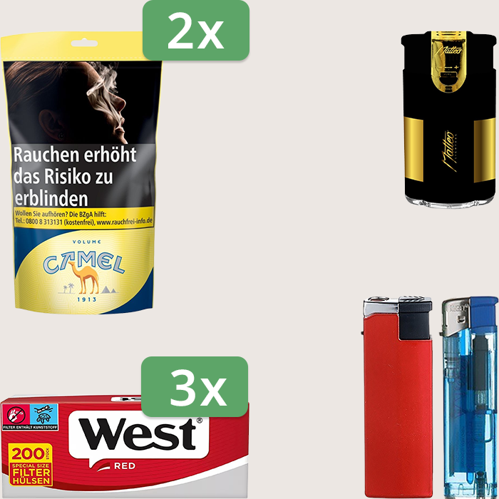 Camel Yellow 2 x 102 g Sparpaket mit 600 West Red Hülsen und Feuerzeugset