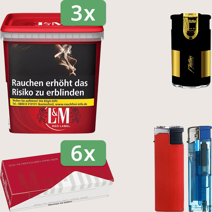 L&M Red 3 x 185 g Sparpaket mit 1.200 Marlboro Red Hülsen und Feuerzeugset